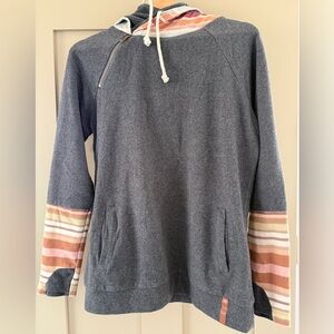 AMPERSAND AVE Gray Doublehoodie with Multicolor Striped Sleeves & Hood